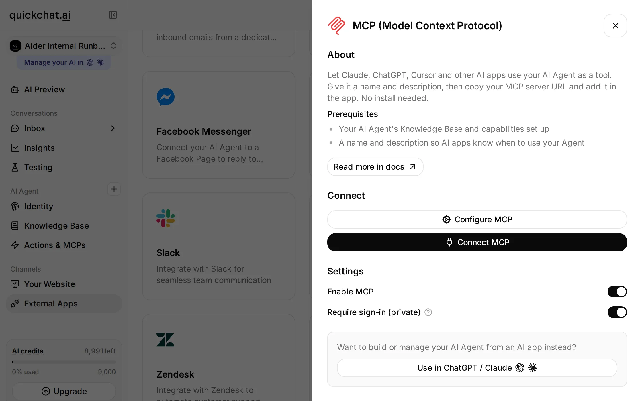 Quickchat AI MCP channel sheet showing Enable MCP and Require sign-in (private) switched on, with External Apps selected in the sidebar