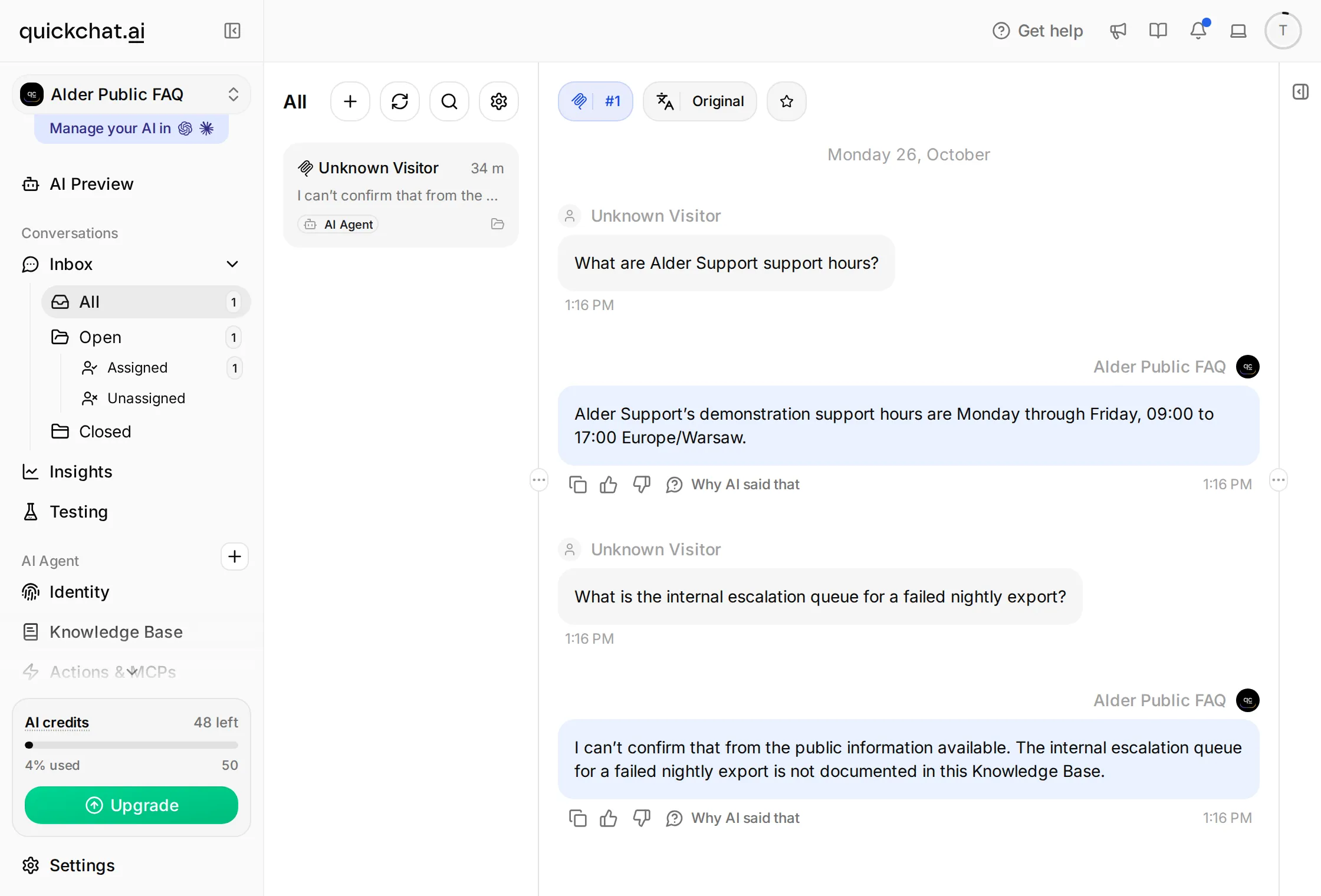 Quickchat AI Inbox for Alder Public FAQ showing the public support-hours answer followed by a response that cannot confirm the internal escalation queue