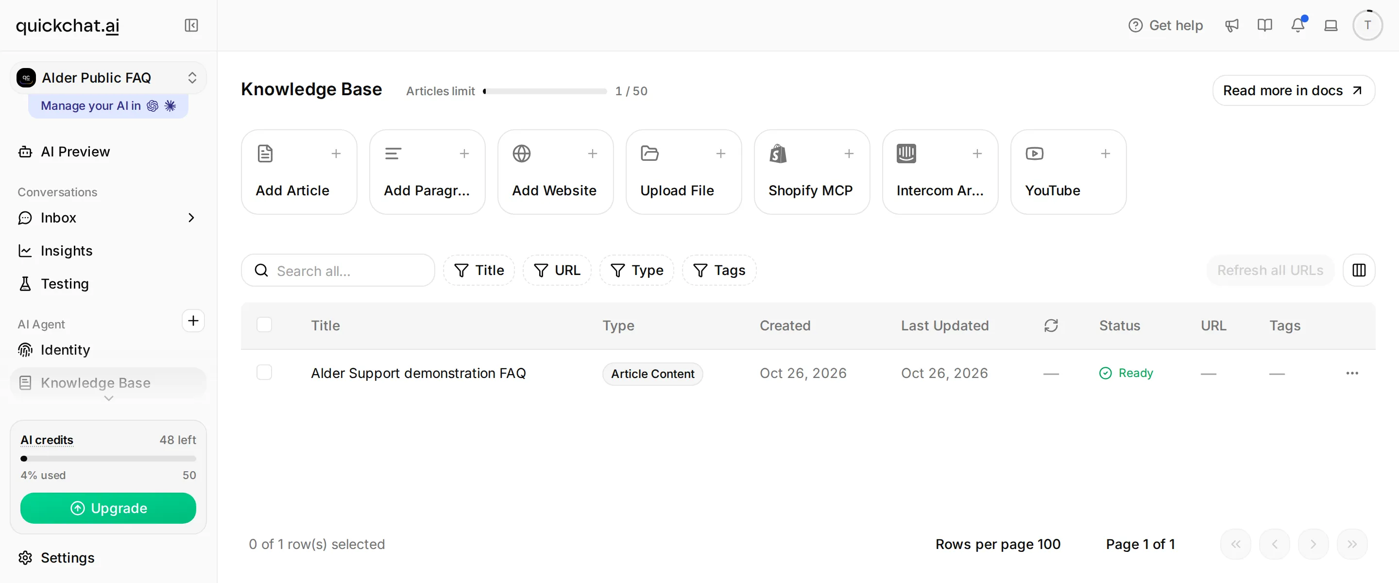 Quickchat AI Knowledge Base for Alder Public FAQ showing its single public demonstration FAQ article as Ready