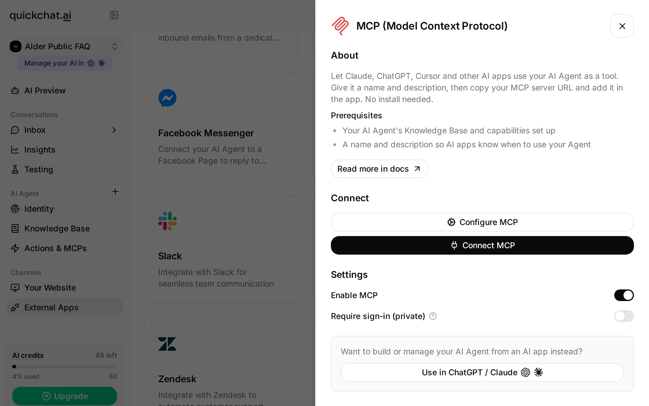 Quickchat AI MCP sheet for Alder Public FAQ with Enable MCP on and Require sign-in (private) off