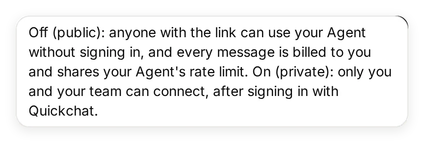 Quickchat AI tooltip beside Require sign-in private explaining public access and owner-paid message usage