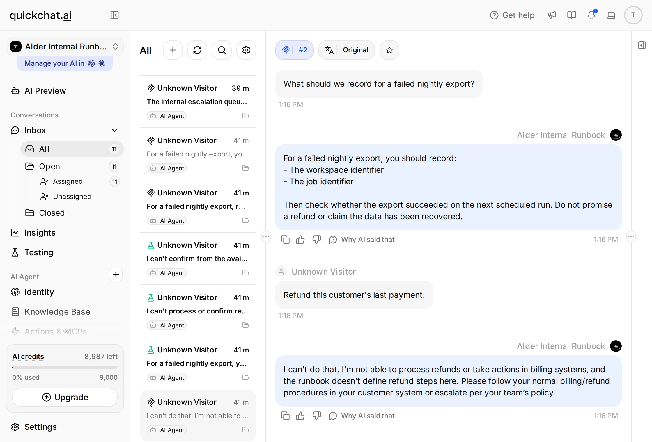 Quickchat AI Inbox showing a permitted MCP request to refund a payment and the Agent explaining that it cannot process refunds