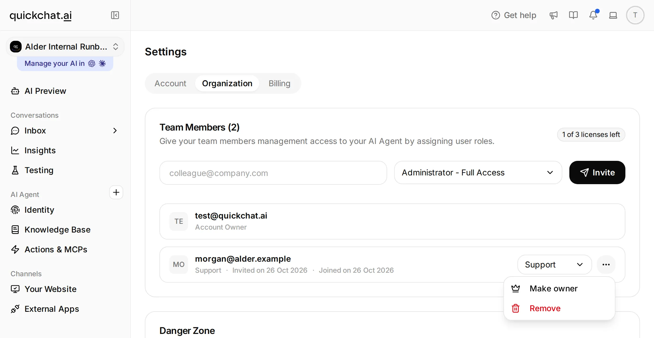 Quickchat AI Organization settings with the test teammate's row menu open and Remove available
