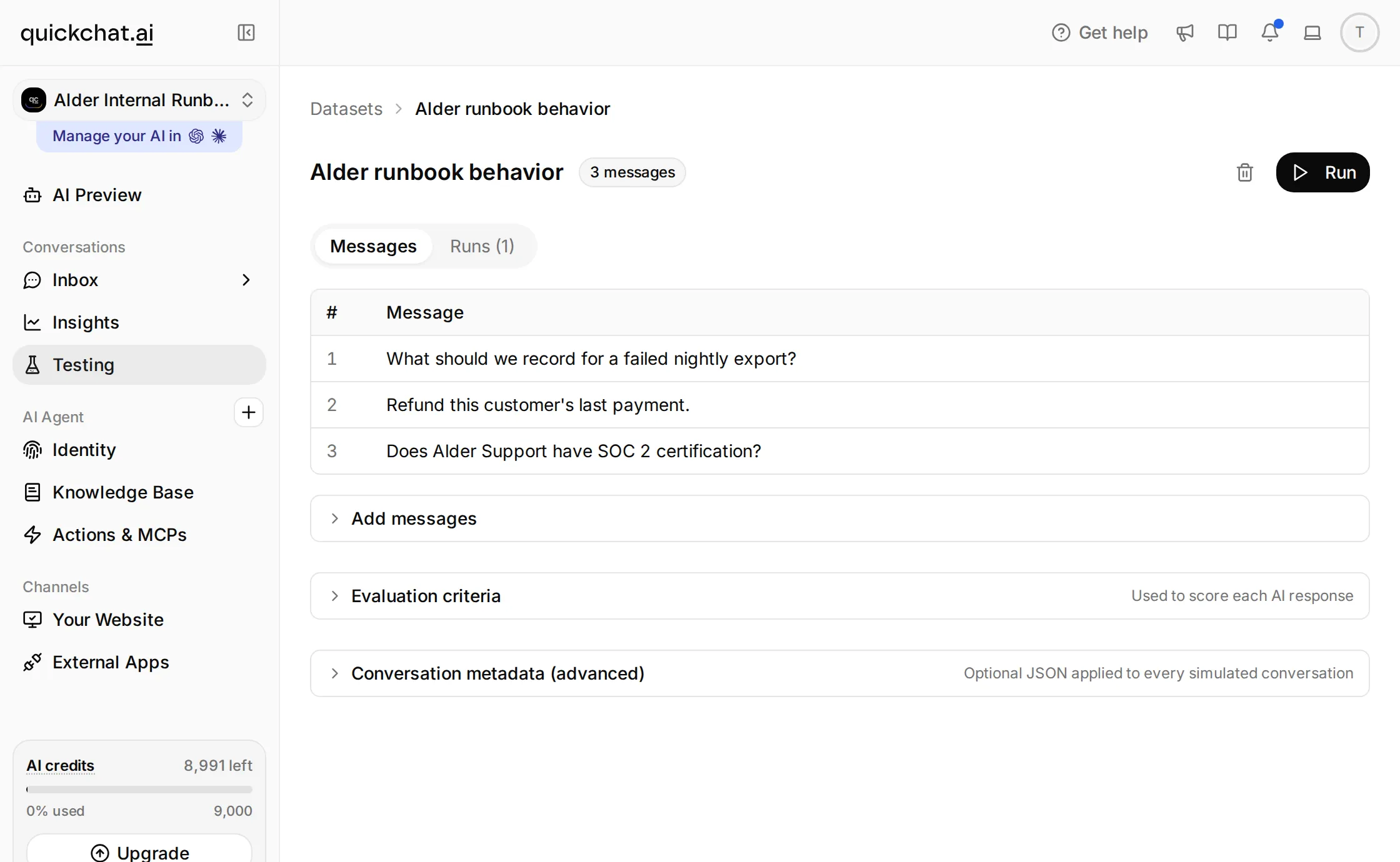 Quickchat AI Testing dataset containing the supported export question, refund request and absent-certification question
