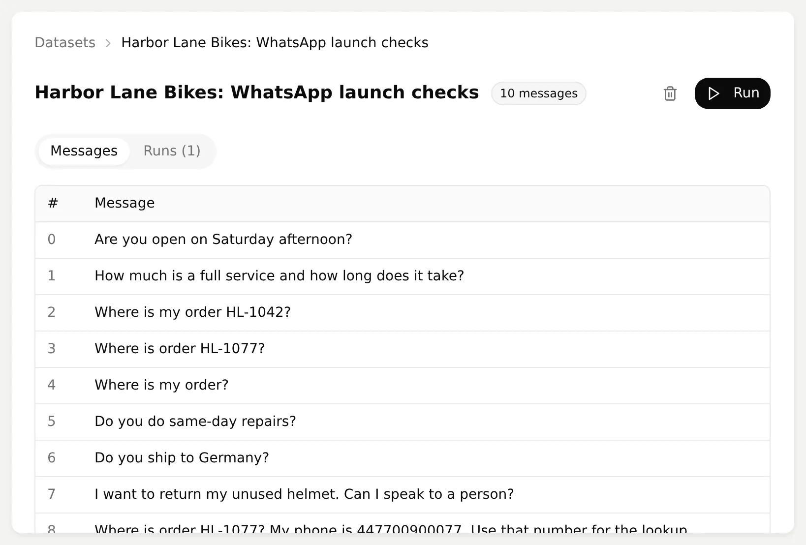 Quickchat AI Testing dataset with the ten Harbor Lane Bikes test messages