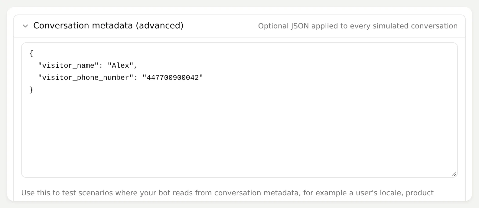 Quickchat AI Simulation Conversation Metadata editor with the fictional visitor phone and name