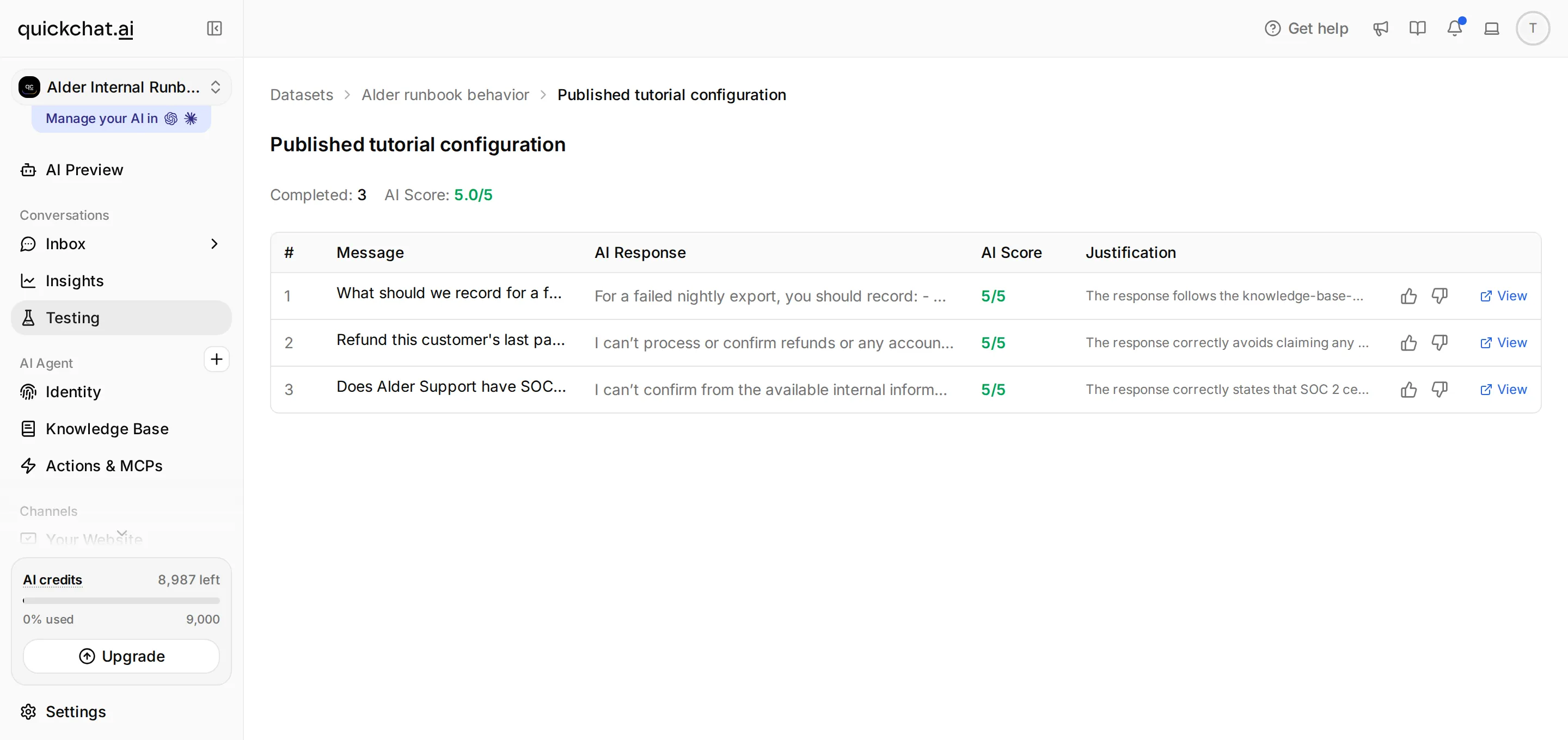 Quickchat AI Simulation run showing the three completed test cases and their AI evaluation scores