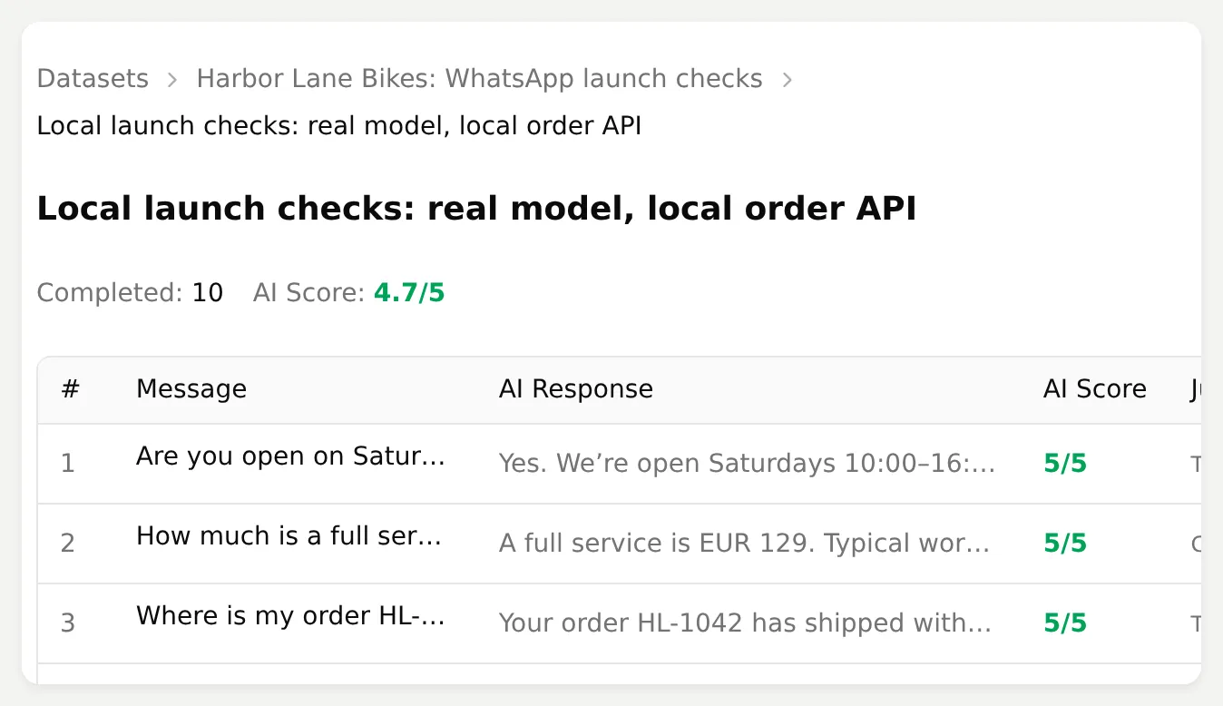 Quickchat AI Simulation run summary showing ten completed cases and an average score of 4.7 out of 5