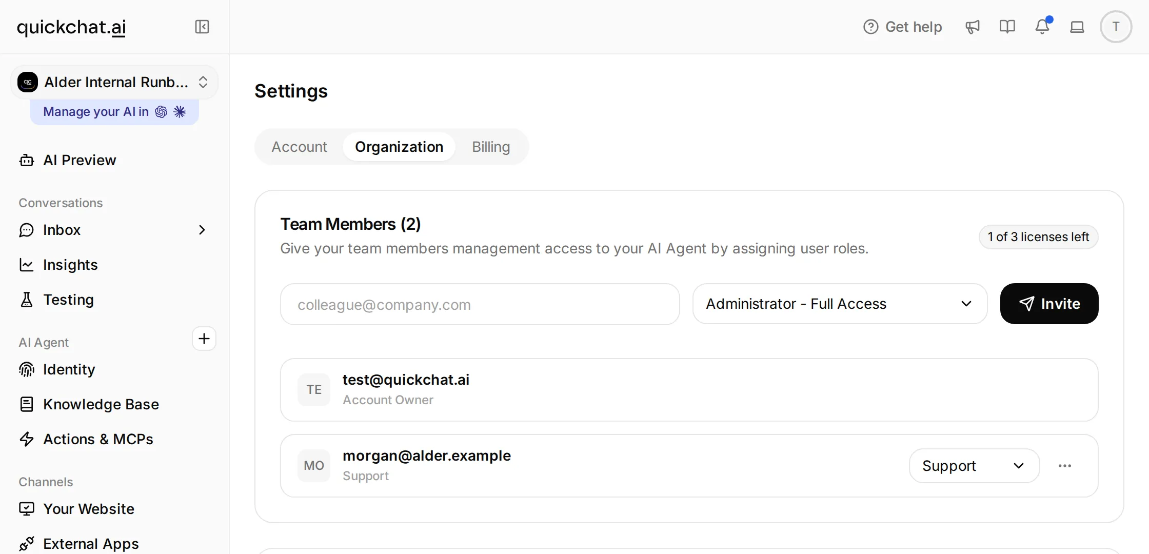 Quickchat AI Settings with the Organization tab selected and a teammate listed with the Support role