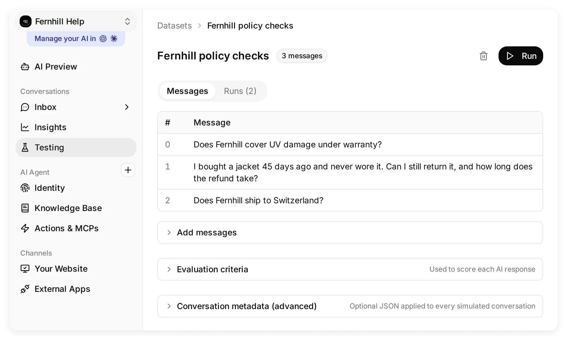Quickchat AI with Testing selected in the sidebar and Fernhill policy checks open