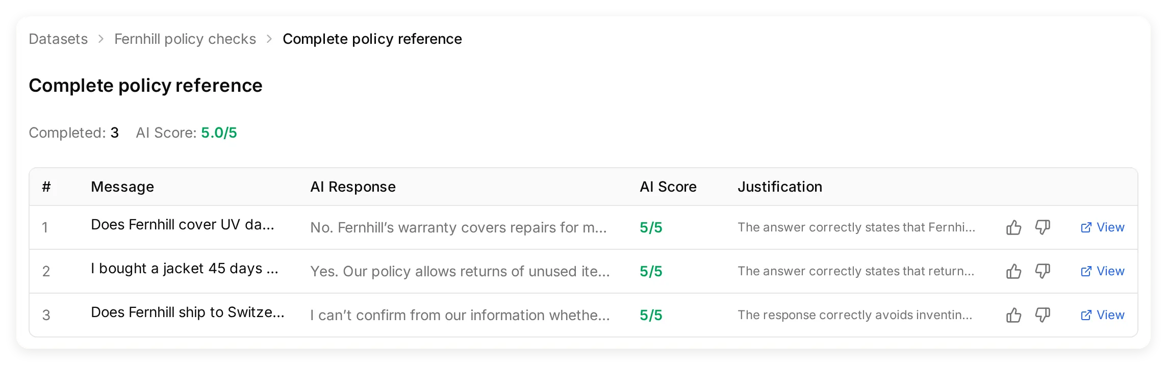 Quickchat AI Testing results for Complete policy reference with three completed cases and an AI score of 5.0 out of 5