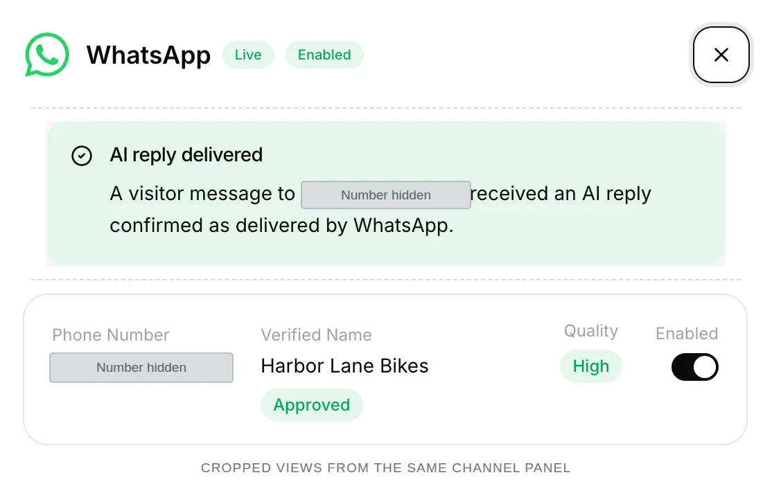 Quickchat AI WhatsApp panel showing the connected Harbor Lane Bikes number in Live state