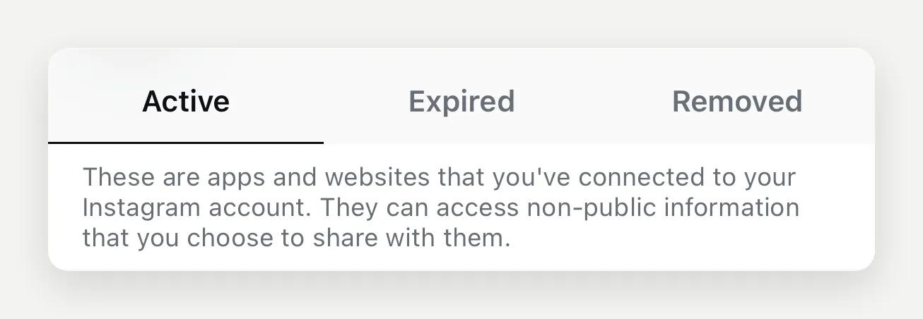 The Instagram Apps and websites screen with an Active tab listing Quickchat AI as authorised