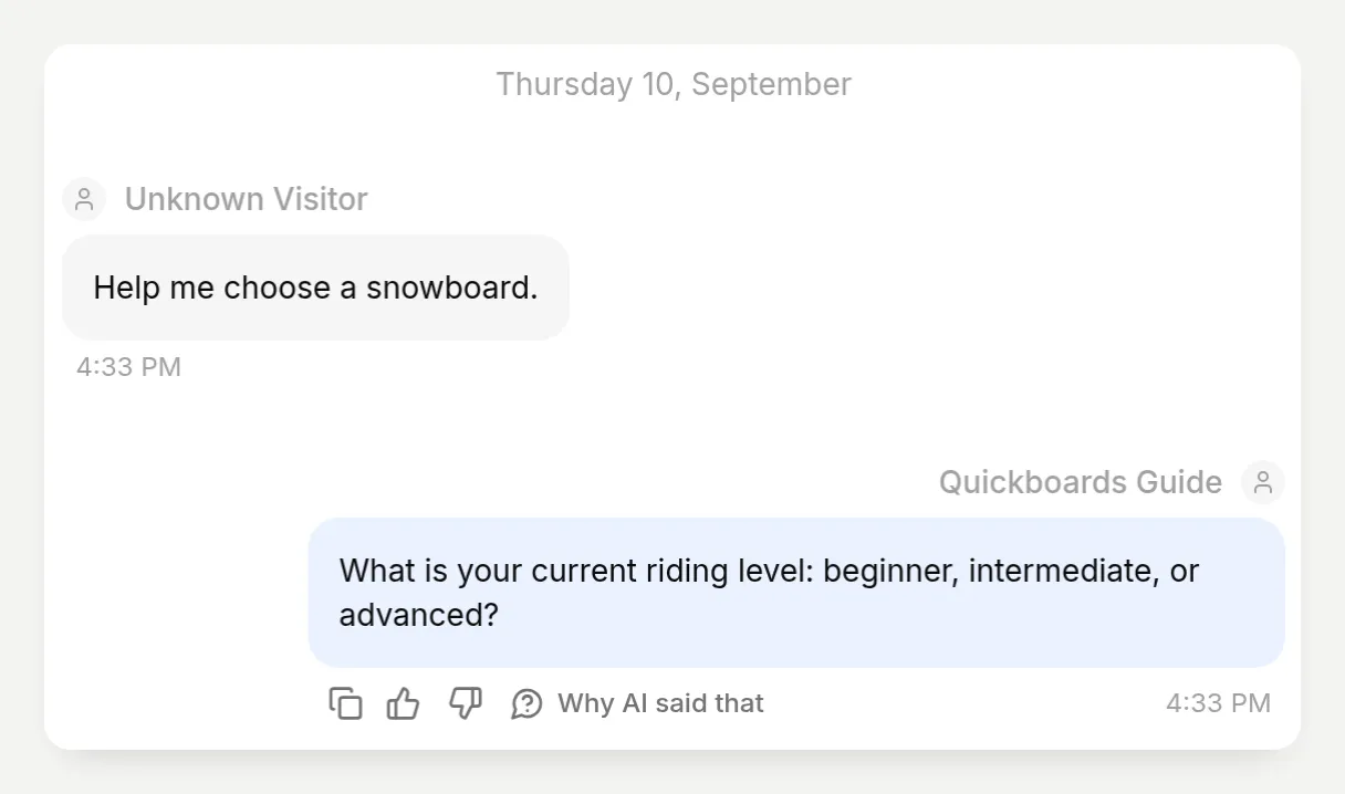 A real Quickboards conversation asking for riding level before recommending any products