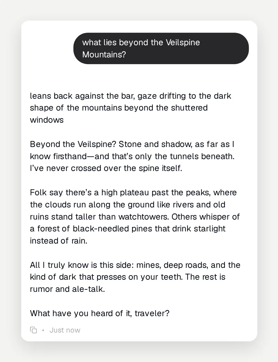 Bryn admitting she has never crossed the mountains, then offering rumors about what might be there