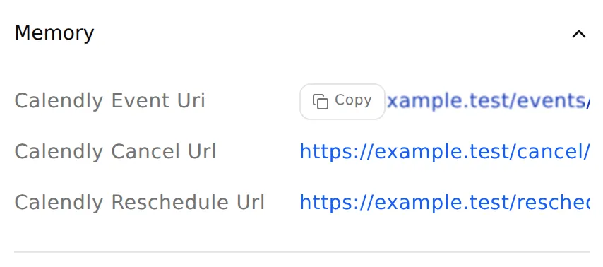 The local Inbox Details panel shows Memory with saved Calendly booking and management-link fields
