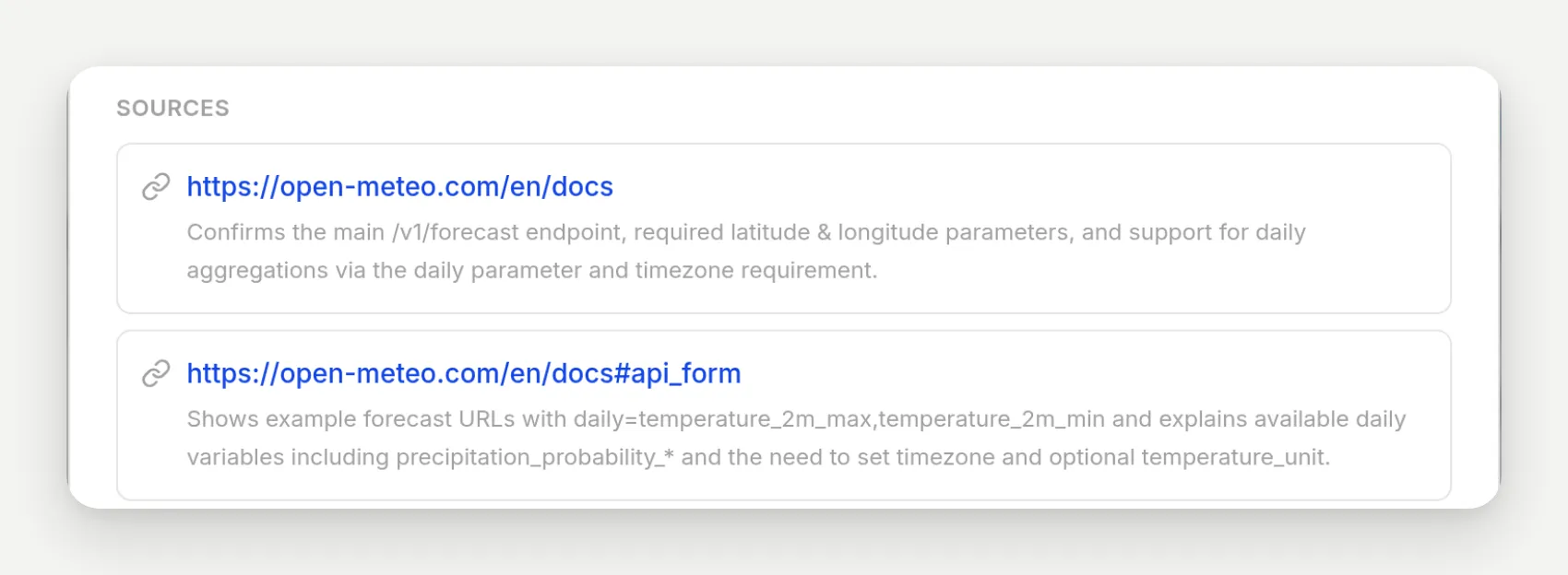 The Sources section of a result dialog: Open-Meteo's docs page and a docs section, each cited with a note on what it confirmed