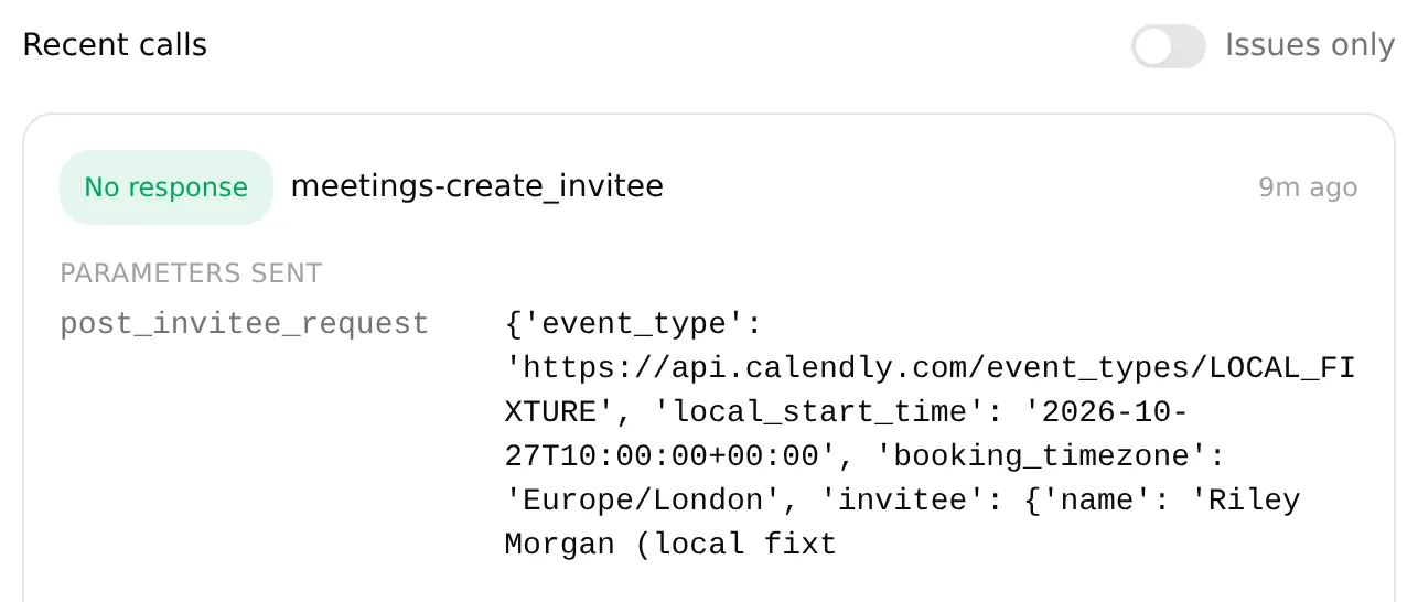 The local Calendly Action log shows local_start_time and booking_timezone in a sample booking request