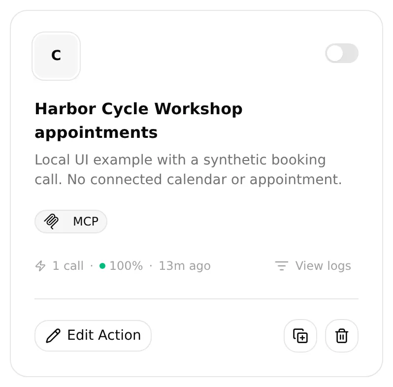 The local Calendly Action card shows its View logs control