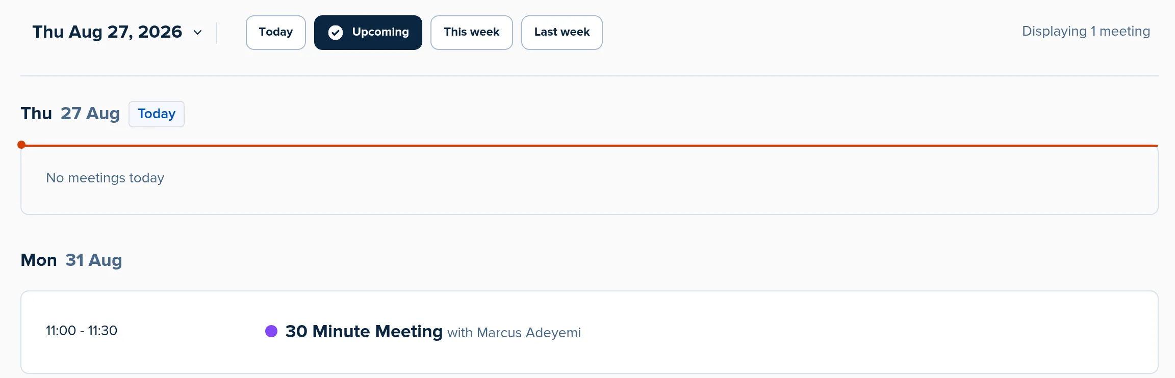 Calendly's meetings view showing one upcoming meeting: Monday 31 Aug, 11:00 to 11:30, 30 Minute Meeting with Marcus Adeyemi