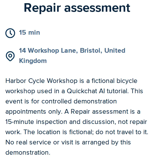 The real Calendly public scheduling page shows Repair assessment, a 15-minute duration, the fictional Bristol address and the controlled-demonstration notice
