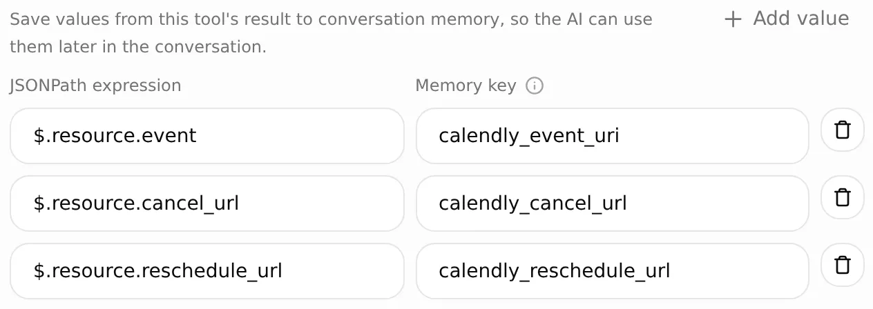 The local Save to memory editor shows three response paths mapped to the event, cancellation-link and rescheduling-link keys