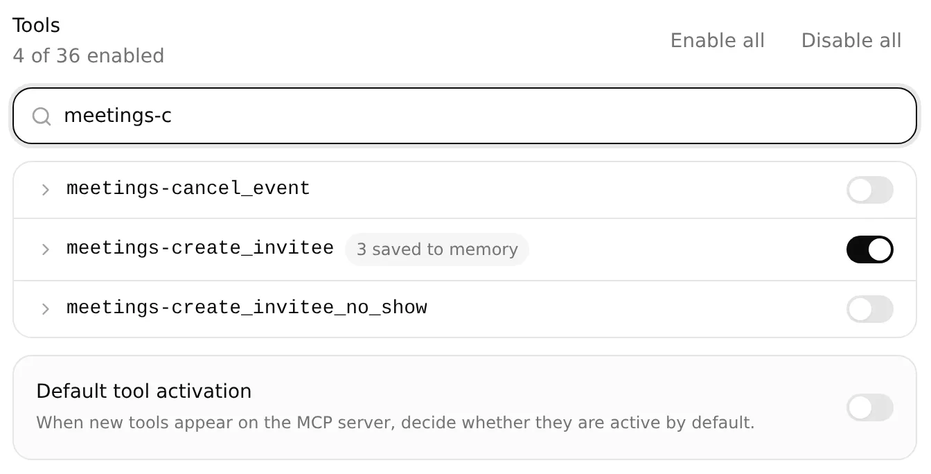 The local Calendly Tools editor filtered to meetings-c shows booking enabled, cancellation disabled and default tool activation off