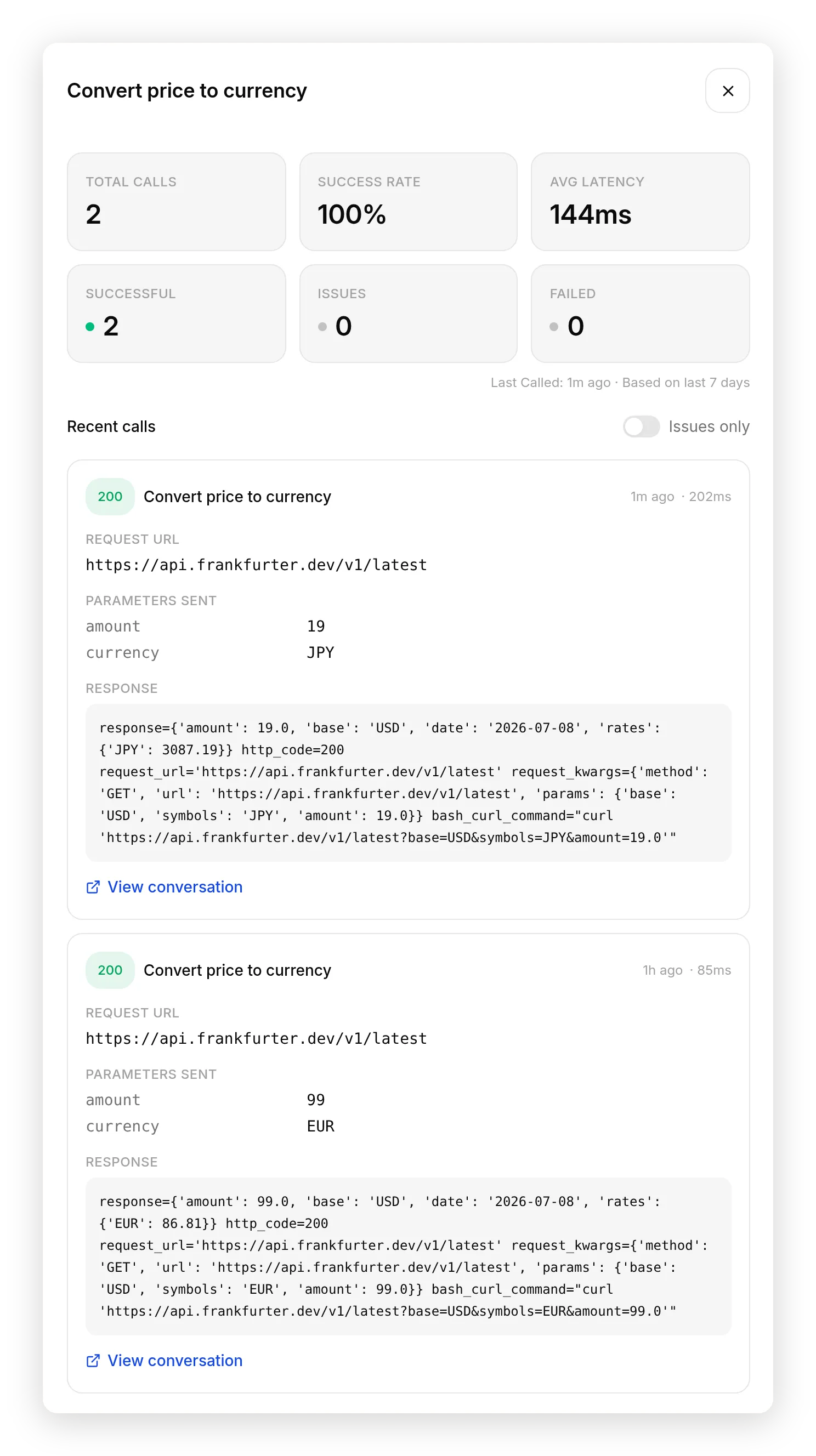 The Convert price to currency action log: two calls, a 100 percent success rate, and 144 millisecond average latency, with each call showing the request URL, the parameters sent (amount and currency), and the full response from Frankfurter