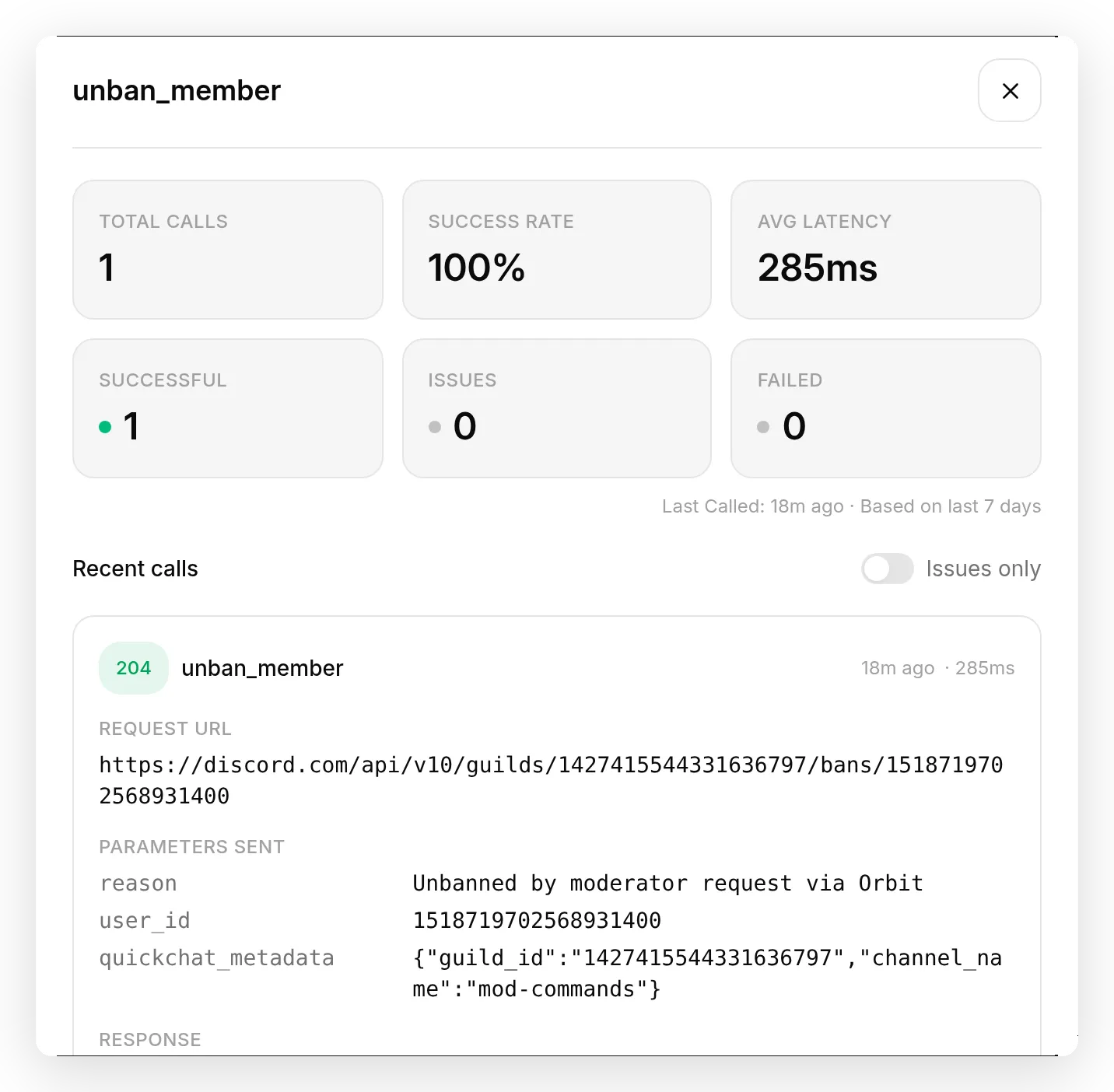 The unban_member call log showing the real Discord API call