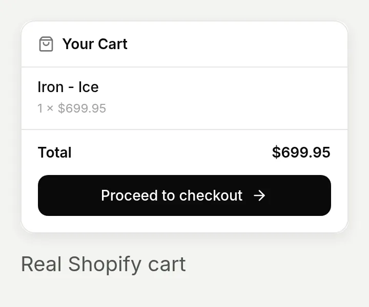The App's cart card showing one Iron Ice snowboard and a 699.95 USD total from the recorded Shopify response