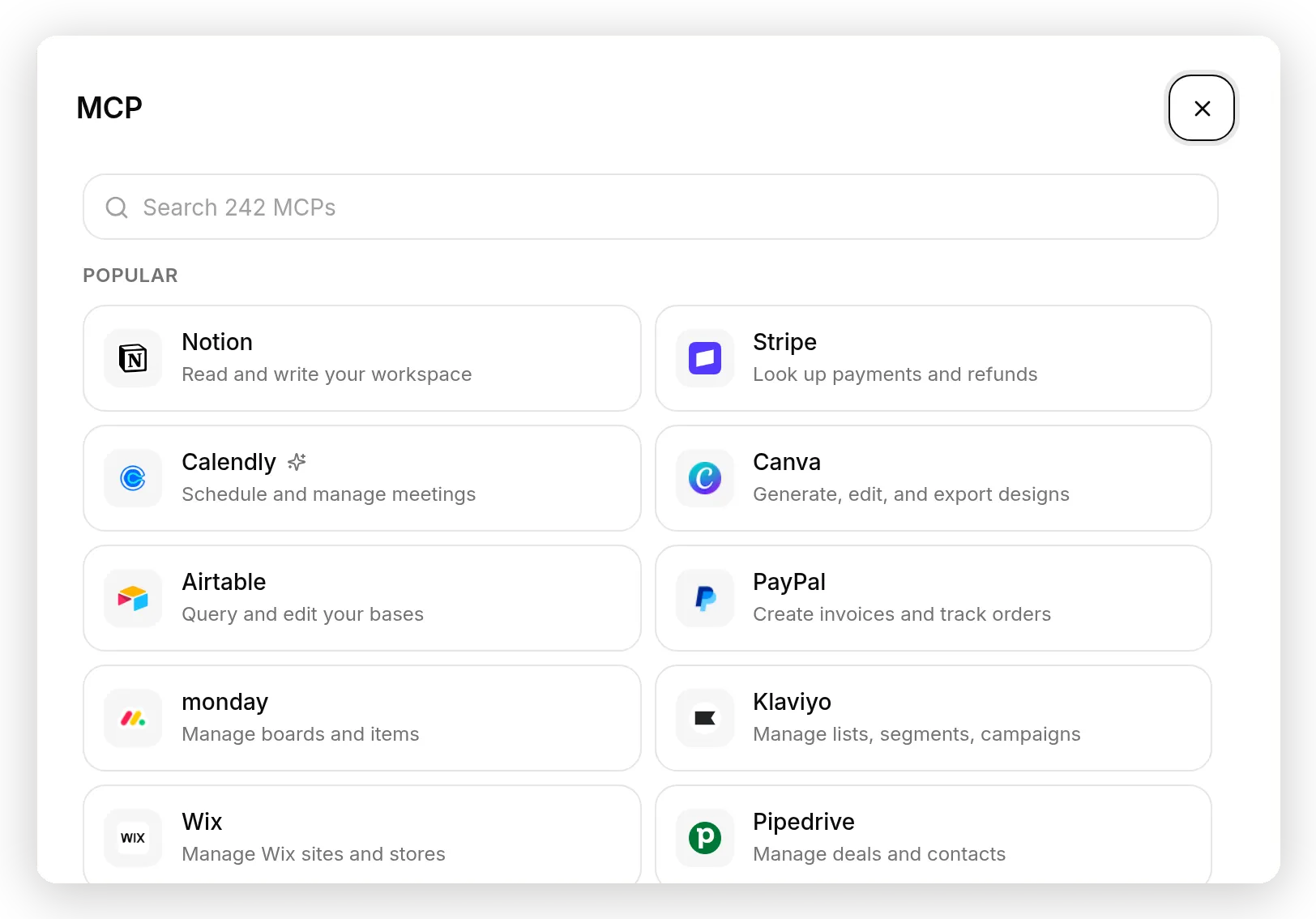 The MCP catalog inside Quickchat AI: search, categories, and one-click server tiles