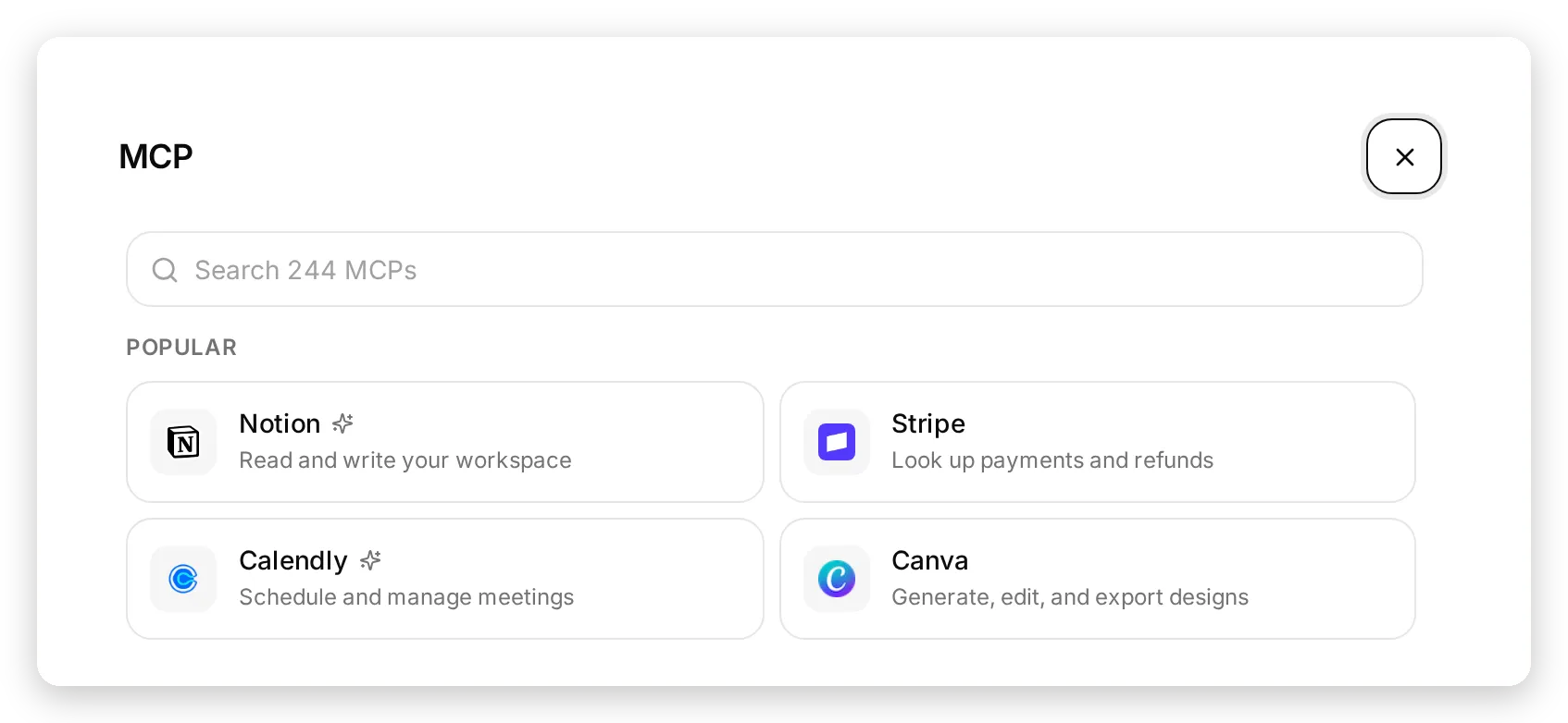 The MCP catalog: a search box over 244 servers and the Popular row with Notion first, its tile marked with a sparkle, next to Stripe, Calendly and Canva