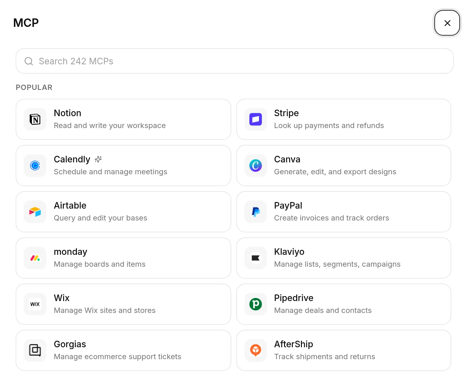 The MCP catalog: a search box over tiles for Notion, Stripe, Calendly, Canva, Airtable, PayPal and more, with the Calendly tile marked with a sparkle