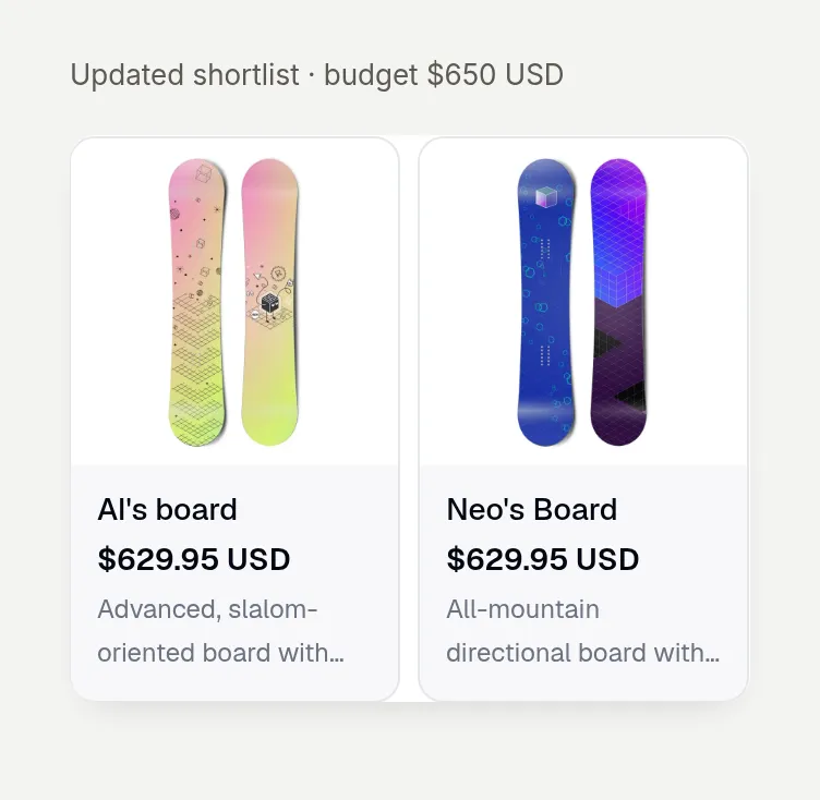 The updated product cards showing AI's board and Neo's Board below the new 650 USD budget