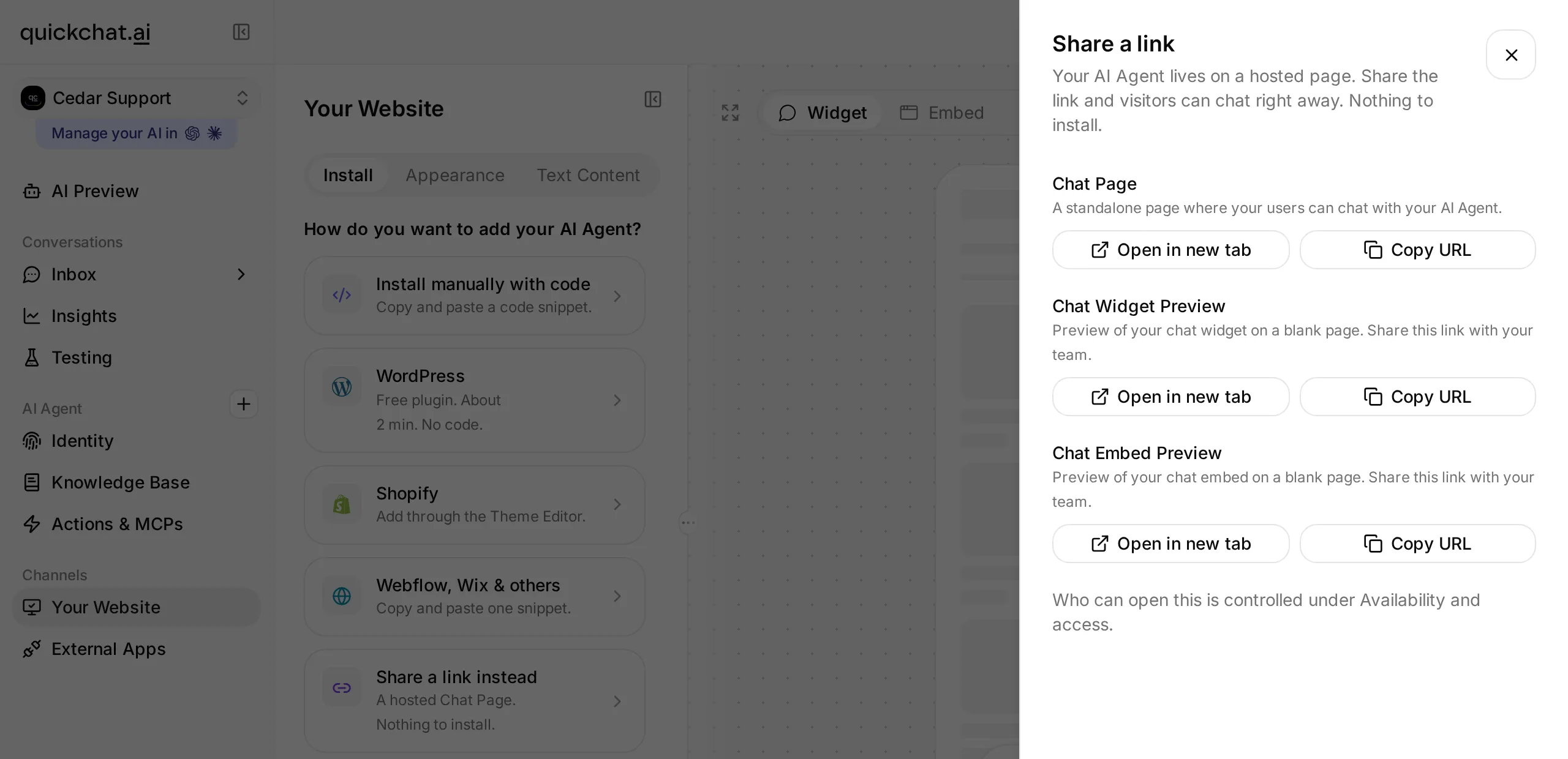Your Website Install screen with the Share a link panel open and the Chat Page Copy URL control