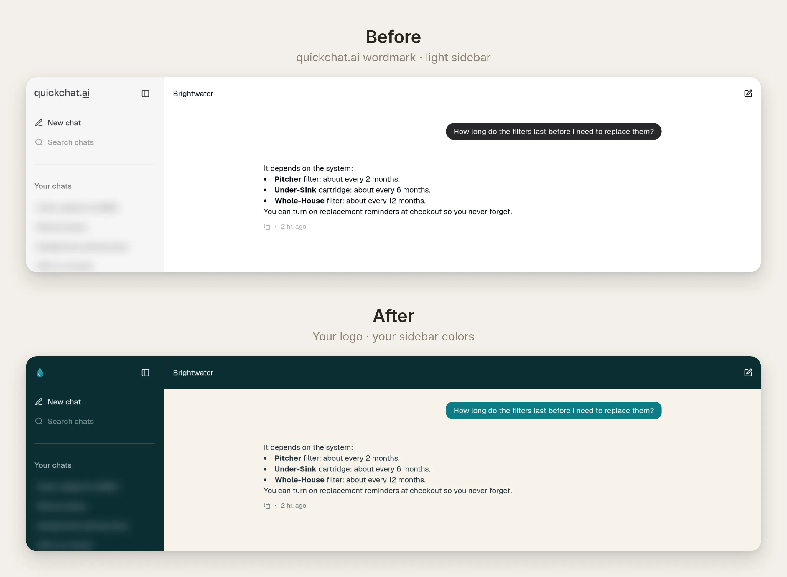 The hosted Chat Page shown twice: on top the default version with a quickchat.ai wordmark in a light sidebar, below it the branded version with the Brightwater water-drop logo in a navy sidebar and teal message bubbles