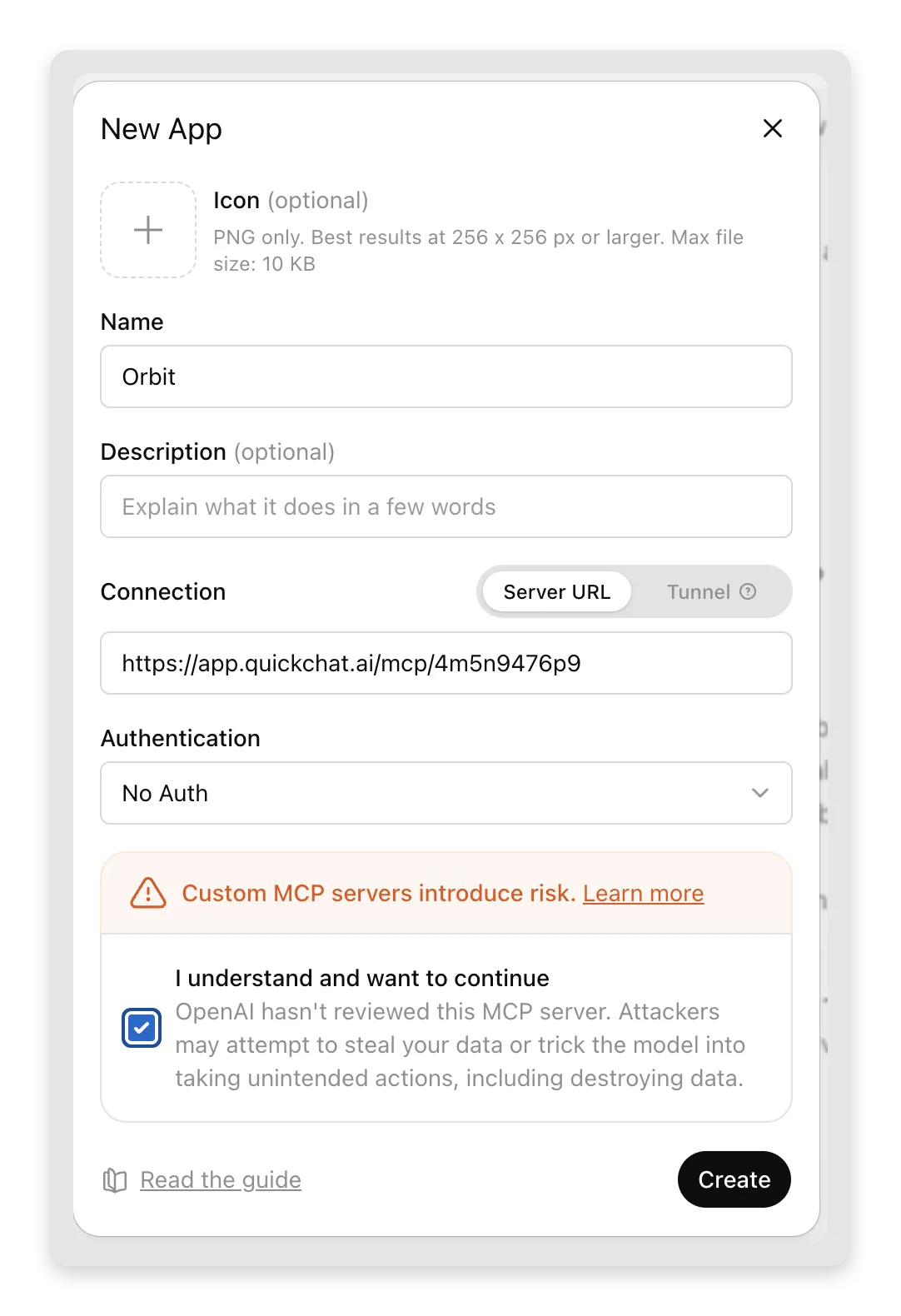 ChatGPT's New App dialog with the connection set to Server URL, the Orbit MCP server URL pasted in, No Auth selected, and the developer-mode risk acknowledgement