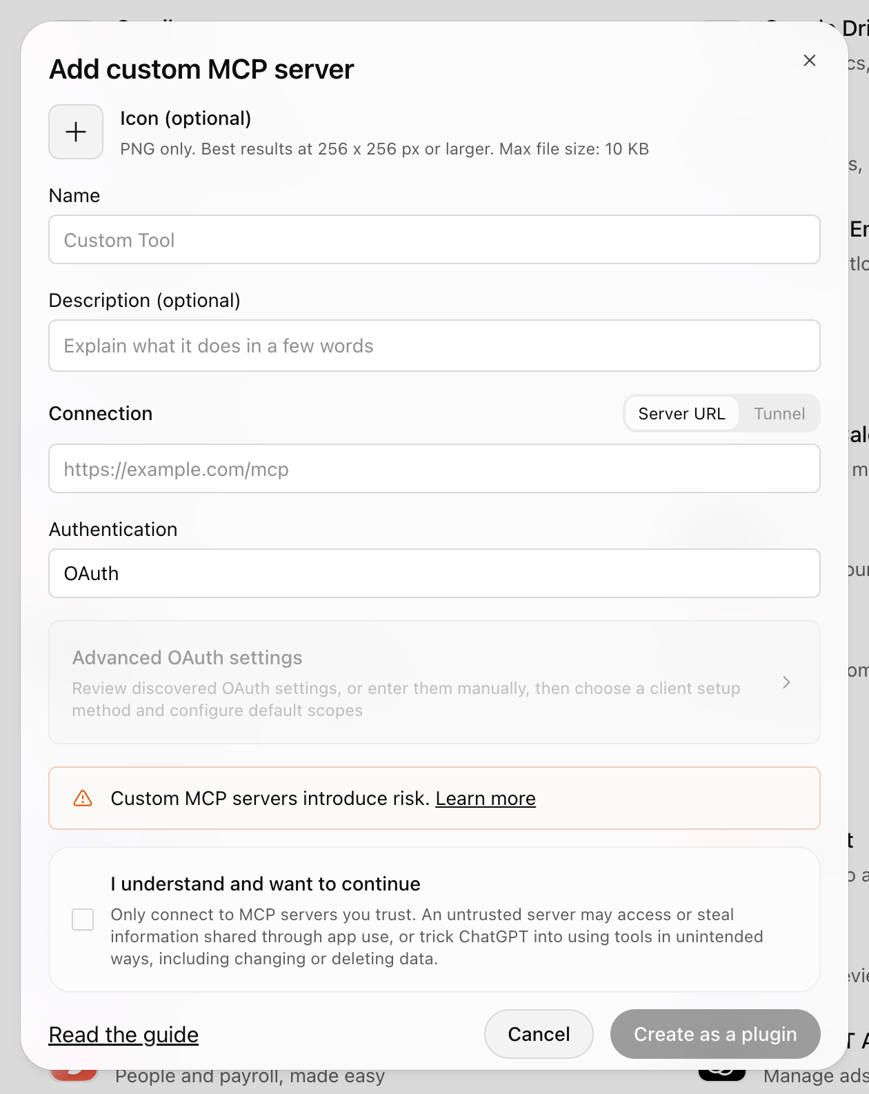 ChatGPT's Add custom MCP server form with Name, Server URL, OAuth authentication and Create as a plugin controls