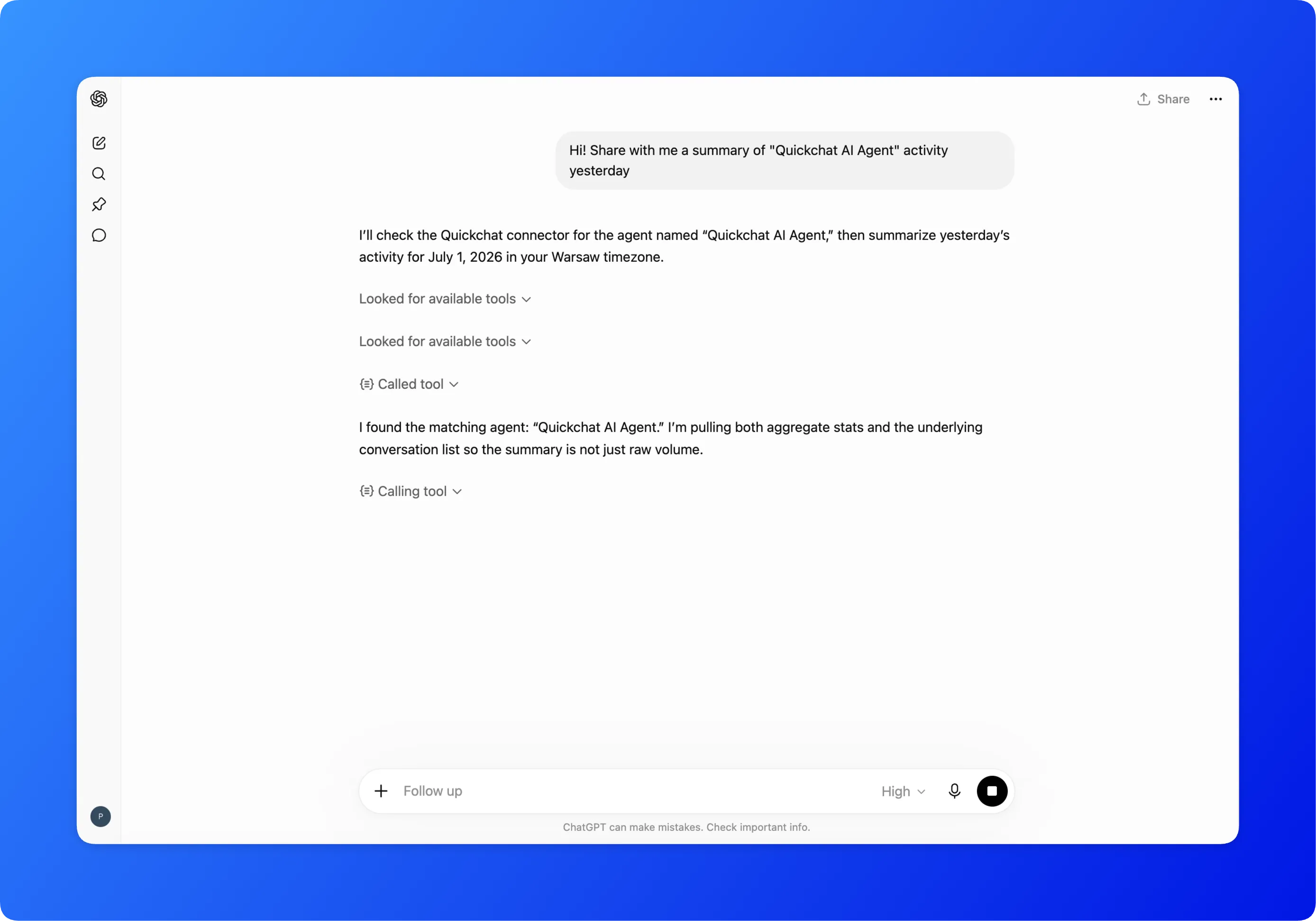 ChatGPT asked for the demo store's top customer topics, calling the Quickchat AI connector