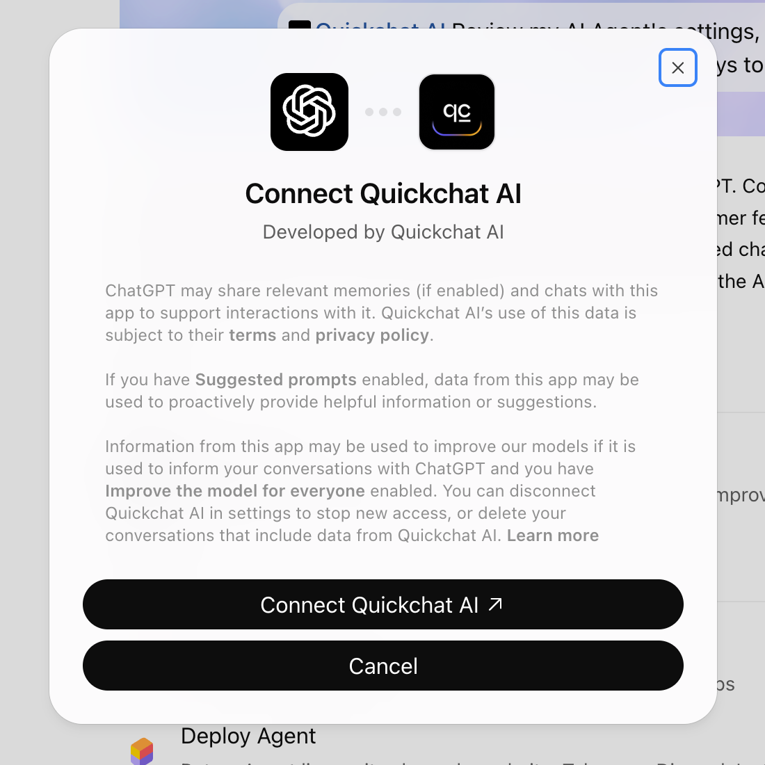 ChatGPT's Connect Quickchat AI dialog with the connection information and Connect Quickchat AI button