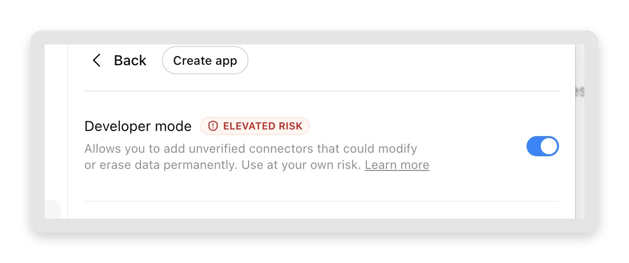 ChatGPT's Advanced settings with the Developer mode toggle switched on, labelled "elevated risk"