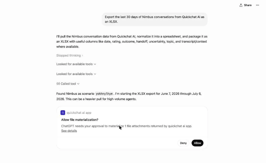 ChatGPT's approval card asking to allow file materialization before handing over the exported file from the Quickchat AI app