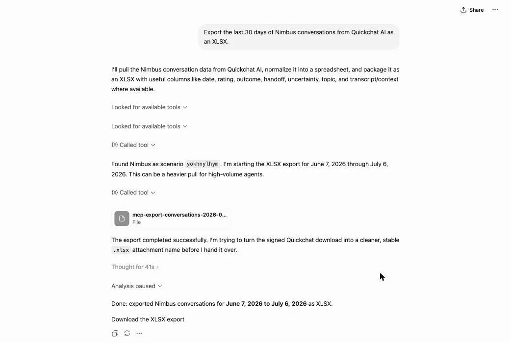 The ChatGPT conversation returning the XLSX file and a download link after exporting Nimbus conversations