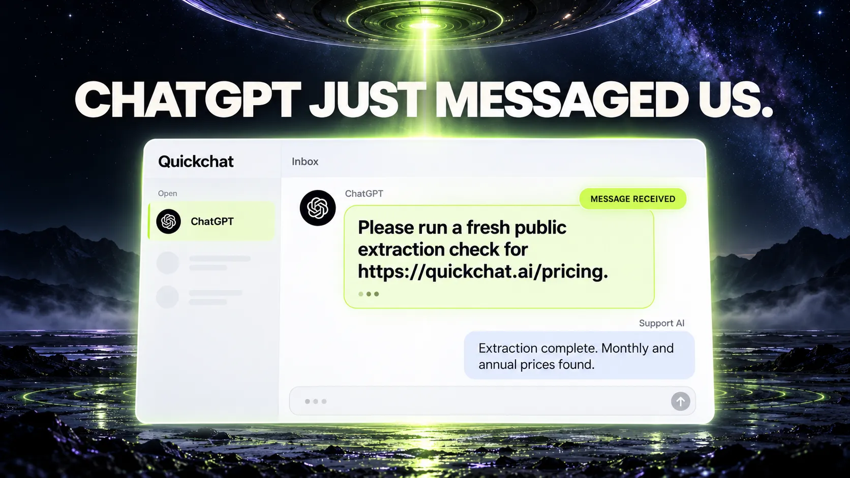 An illustrated Quickchat Inbox with ChatGPT's actual question highlighted: Please run a fresh public extraction check for https://quickchat.ai/pricing.