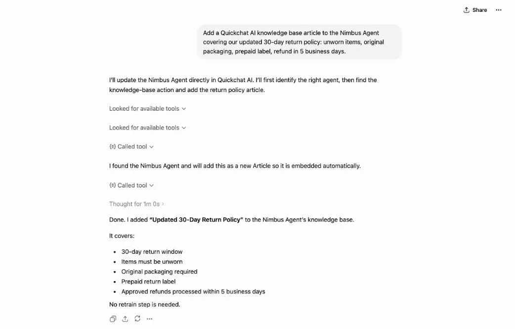 The ChatGPT conversation confirming it added the return policy article to the Nimbus Agent's knowledge base