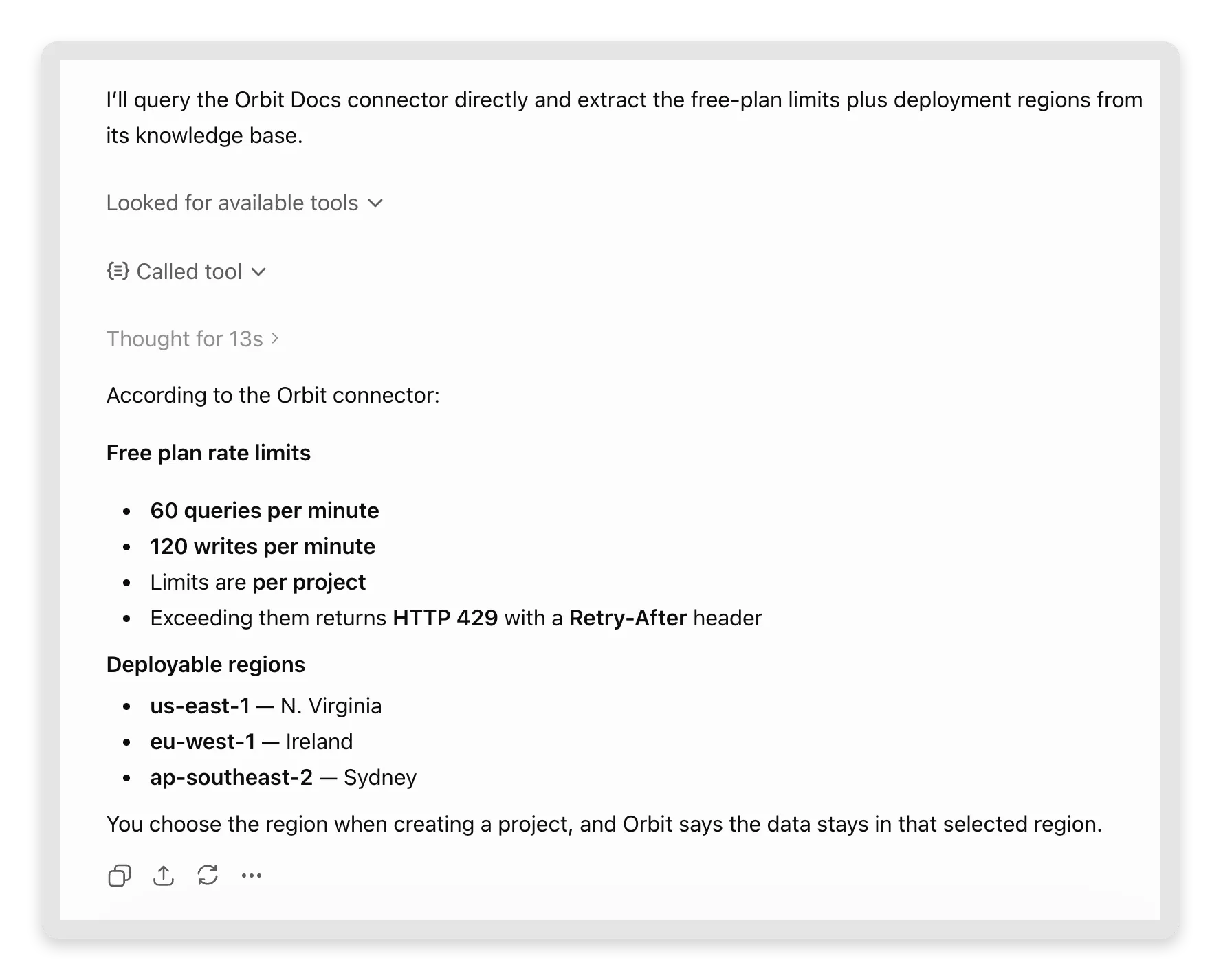 A ChatGPT conversation where ChatGPT calls the Orbit connector and answers with Orbit's free-plan rate limits and deployable regions from the knowledge base