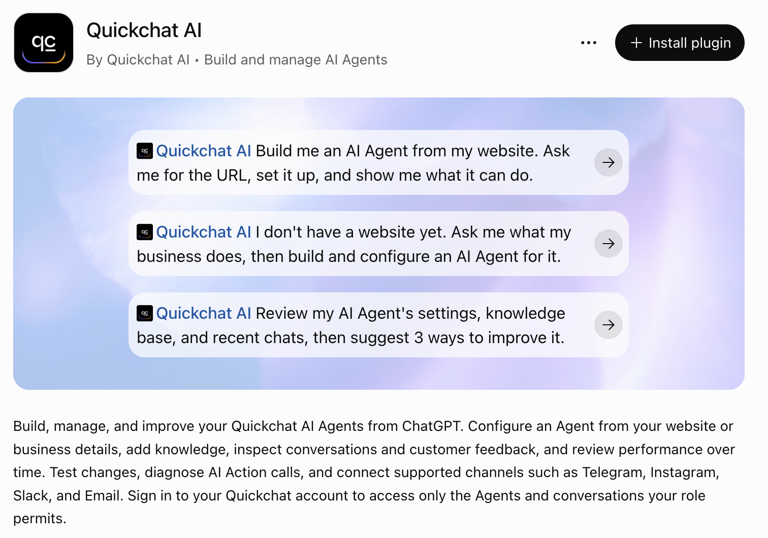Quickchat AI's plugin page in ChatGPT with the Install plugin button and example Agent management prompts
