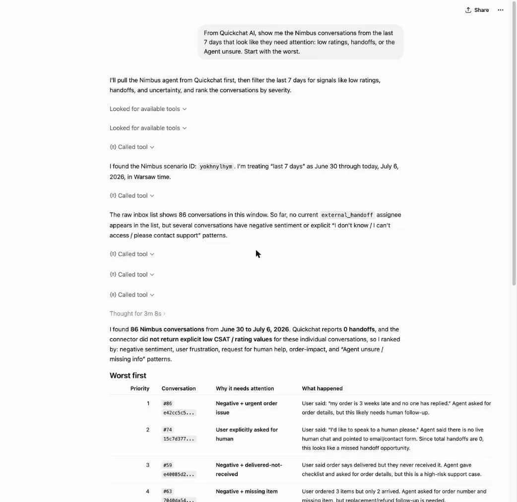 The ChatGPT conversation listing the Nimbus conversations that need attention, worst first, with the reason each was flagged