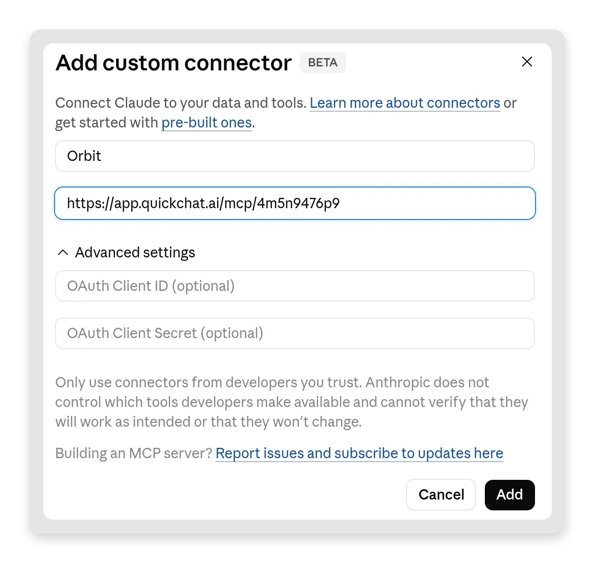 Claude's Add custom connector dialog with the name Orbit and the MCP server URL pasted in