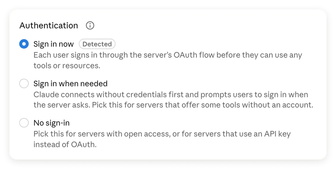 Claude authentication options with Sign in now selected and marked Detected